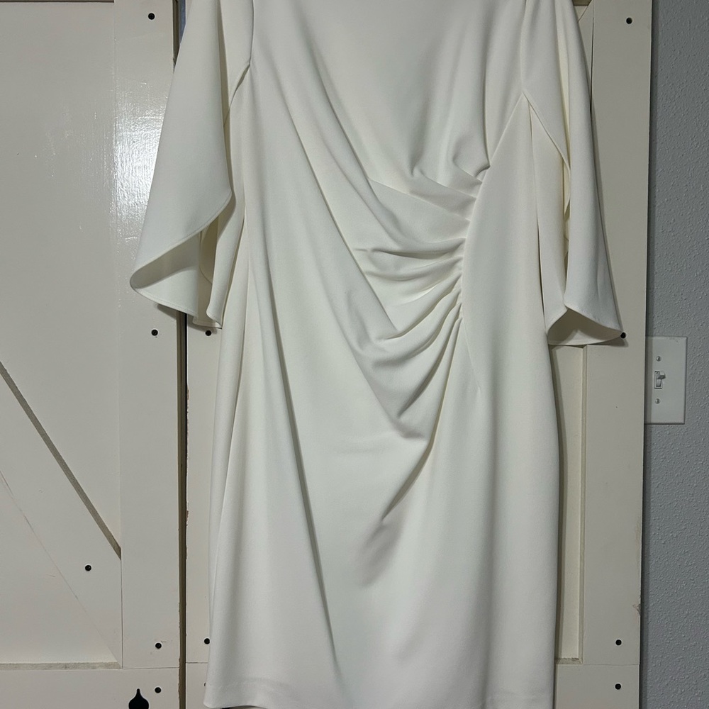 DKNY White Ruched Cowl Neck Sheath Dress